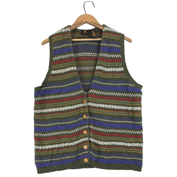 Oversized Vintage Knit Vest Womens S Fair Isle Geometric Pattern Button Up - Picture 2 of 8